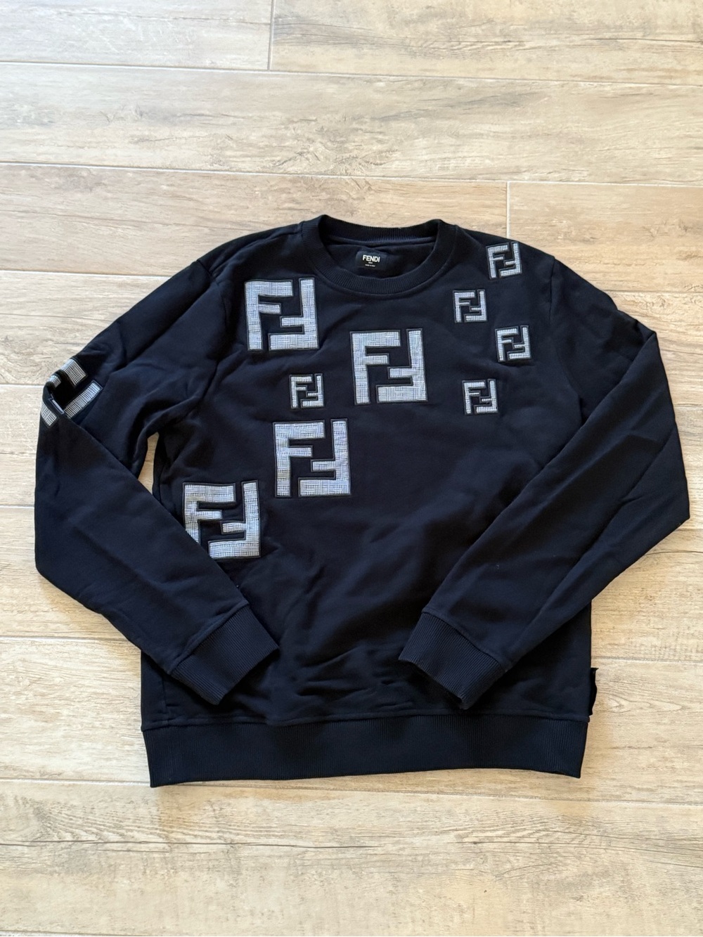 Fendi Black Crewneck with Silver FF Patch Motif